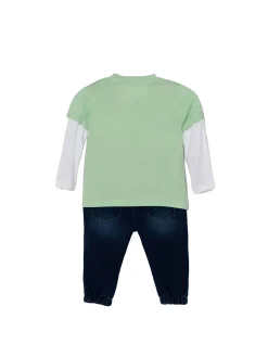 Completo due pezzi neonato jeans e t-shirt verde