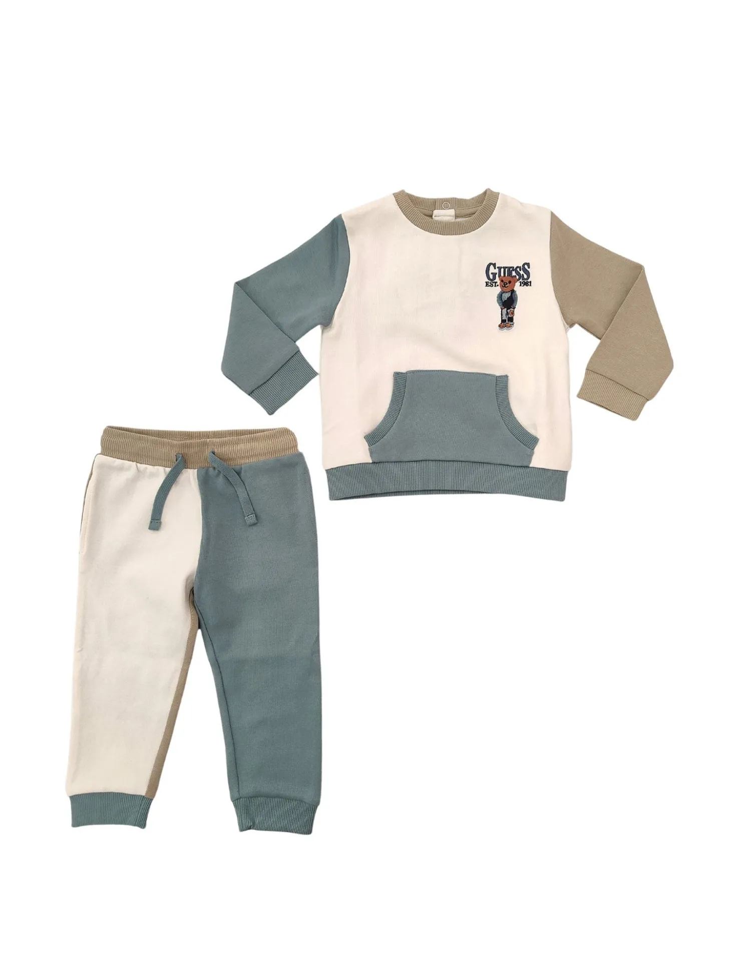 Completo neonato felpa e pantalone con tasca marsupio bianco multi