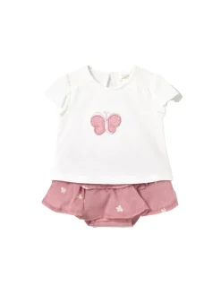 Completo t-shirt e gonna in cotone rosa/bianco