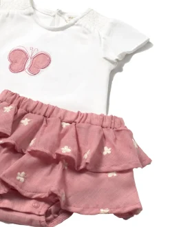 Completo t-shirt e gonna in cotone rosa/bianco