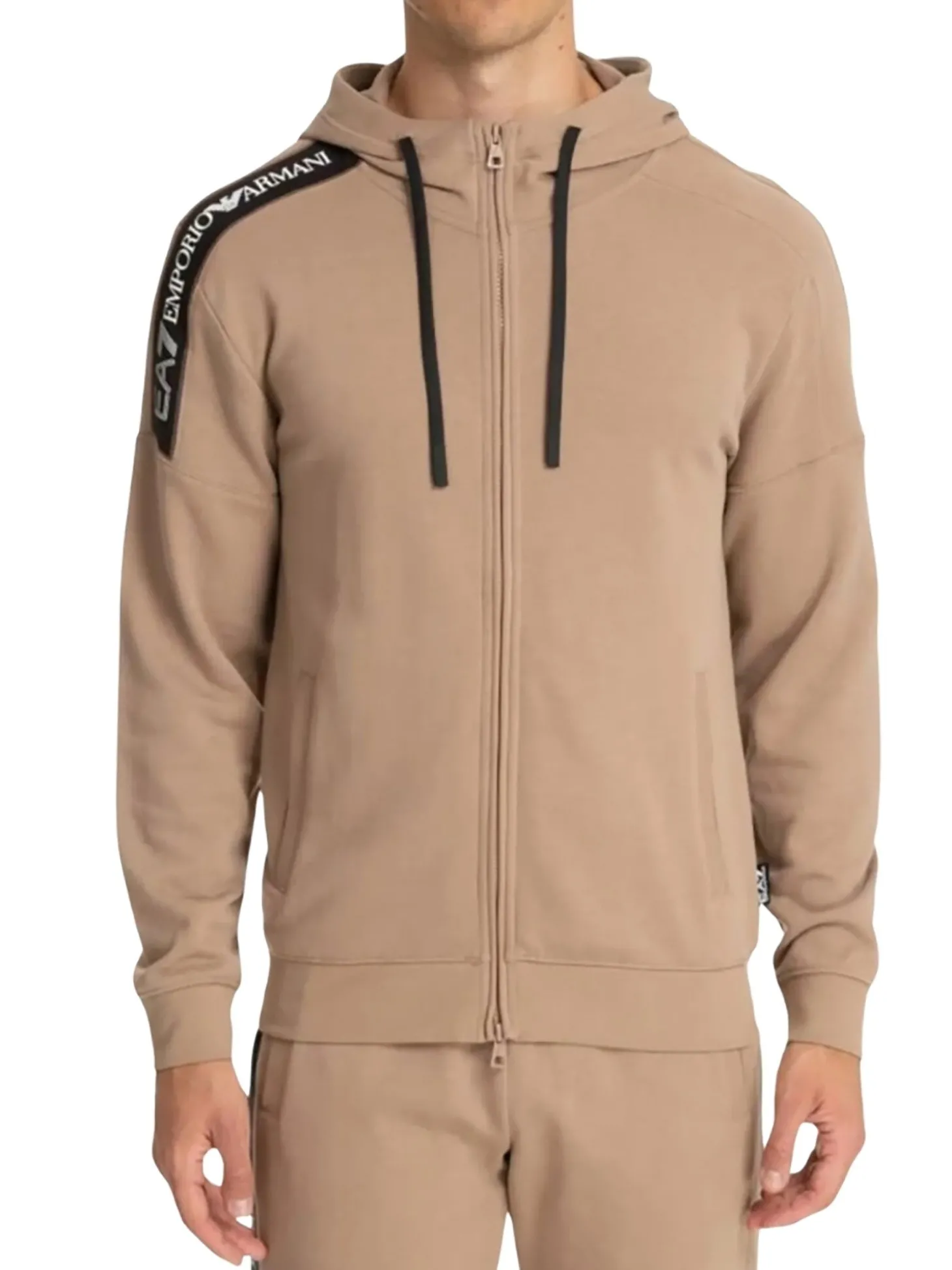 Felpa con cappuccio e zip con banda logata sulla spalla beige