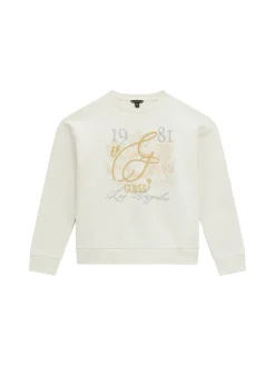 Felpa con ricamo logo lettering e strass crema