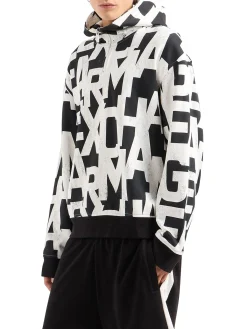 Felpa mezza zip e cappuccio stampa monogram allover nero multi