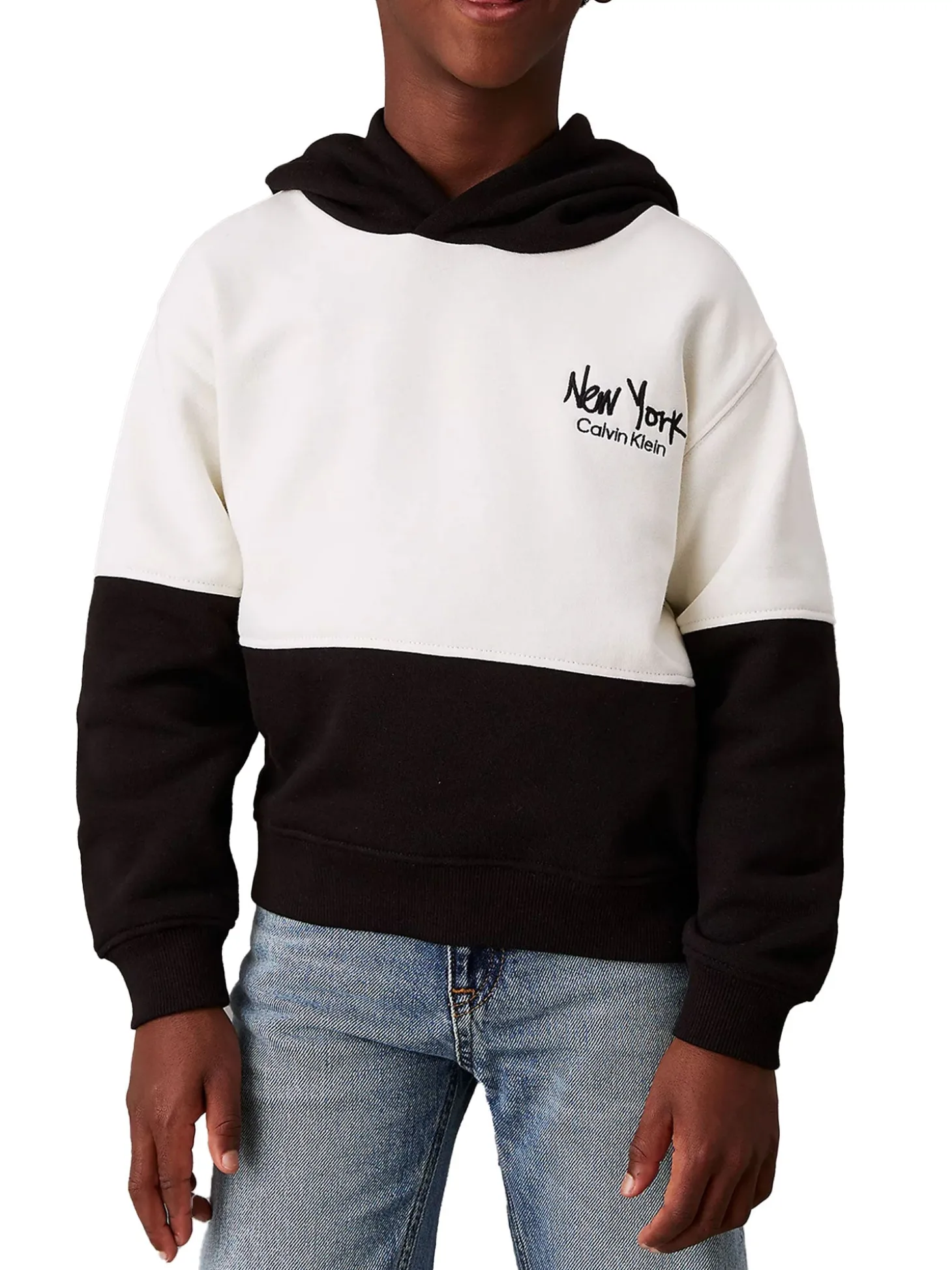 Felpa teen con cappuccio e fantasia colorblock nero