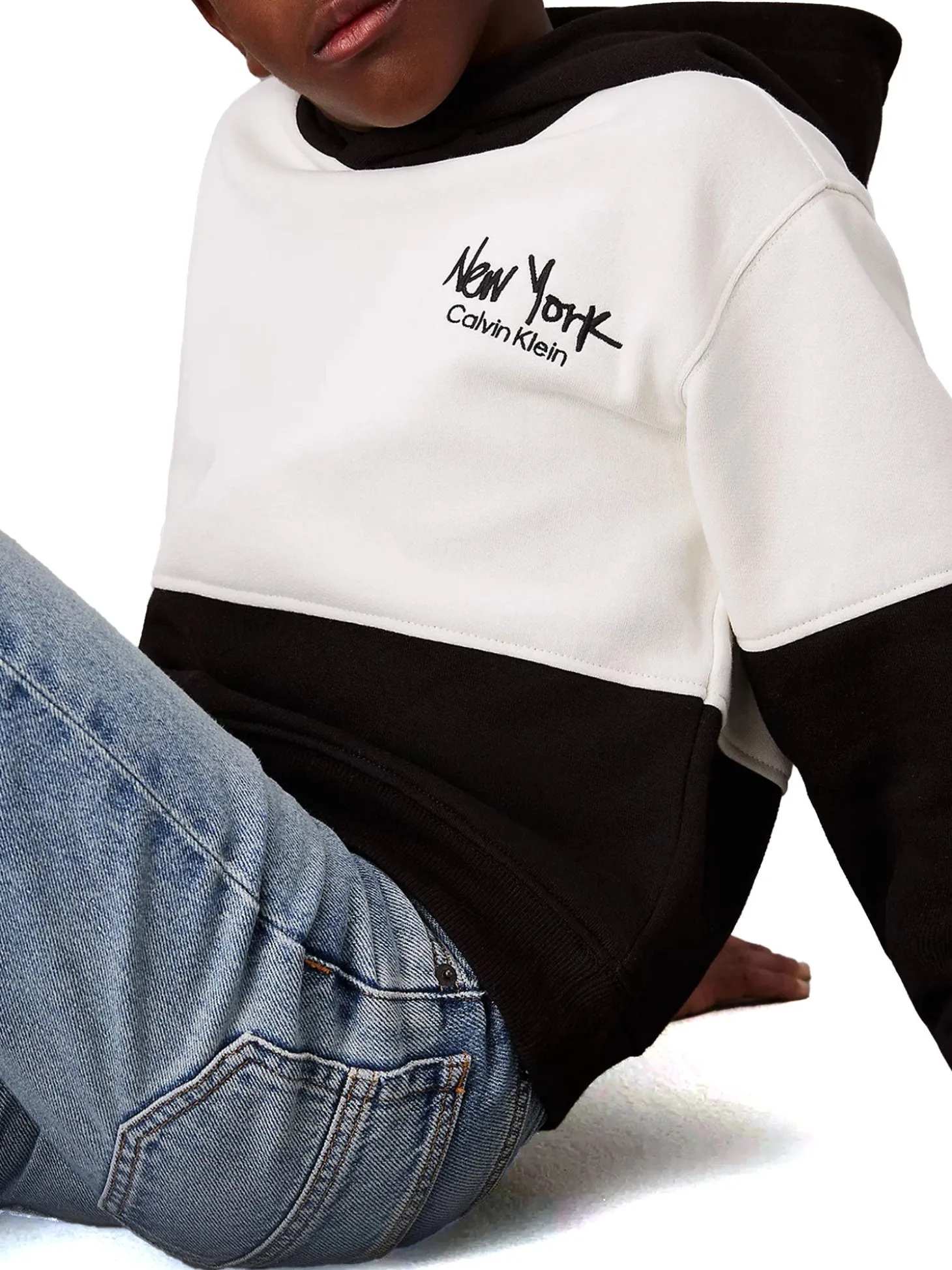 Felpa teen con cappuccio e fantasia colorblock nero
