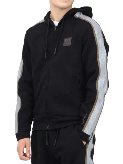 Felpa zip e cappuccio con banda in tessuto mesh nero