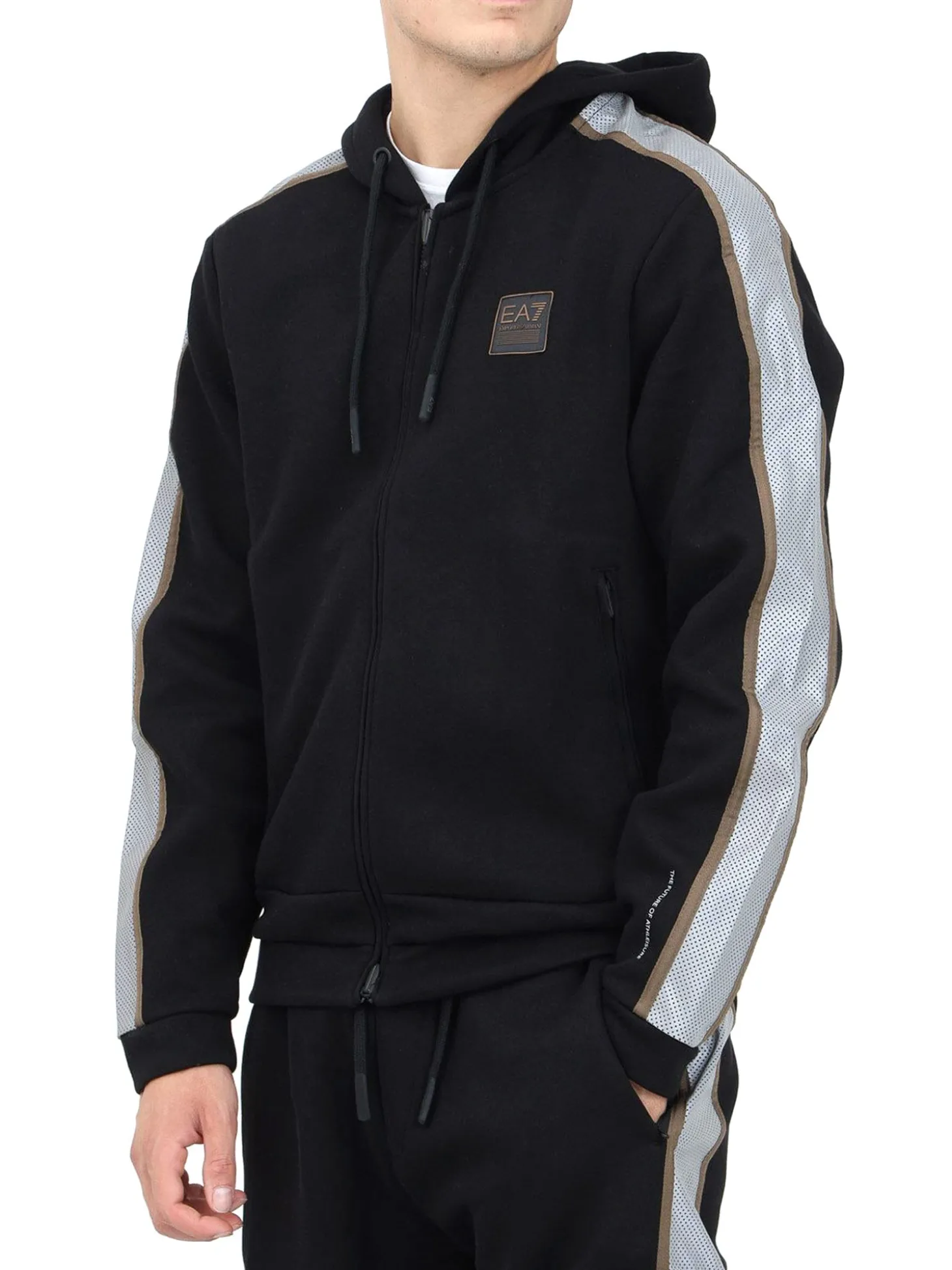Felpa zip e cappuccio con banda in tessuto mesh nero