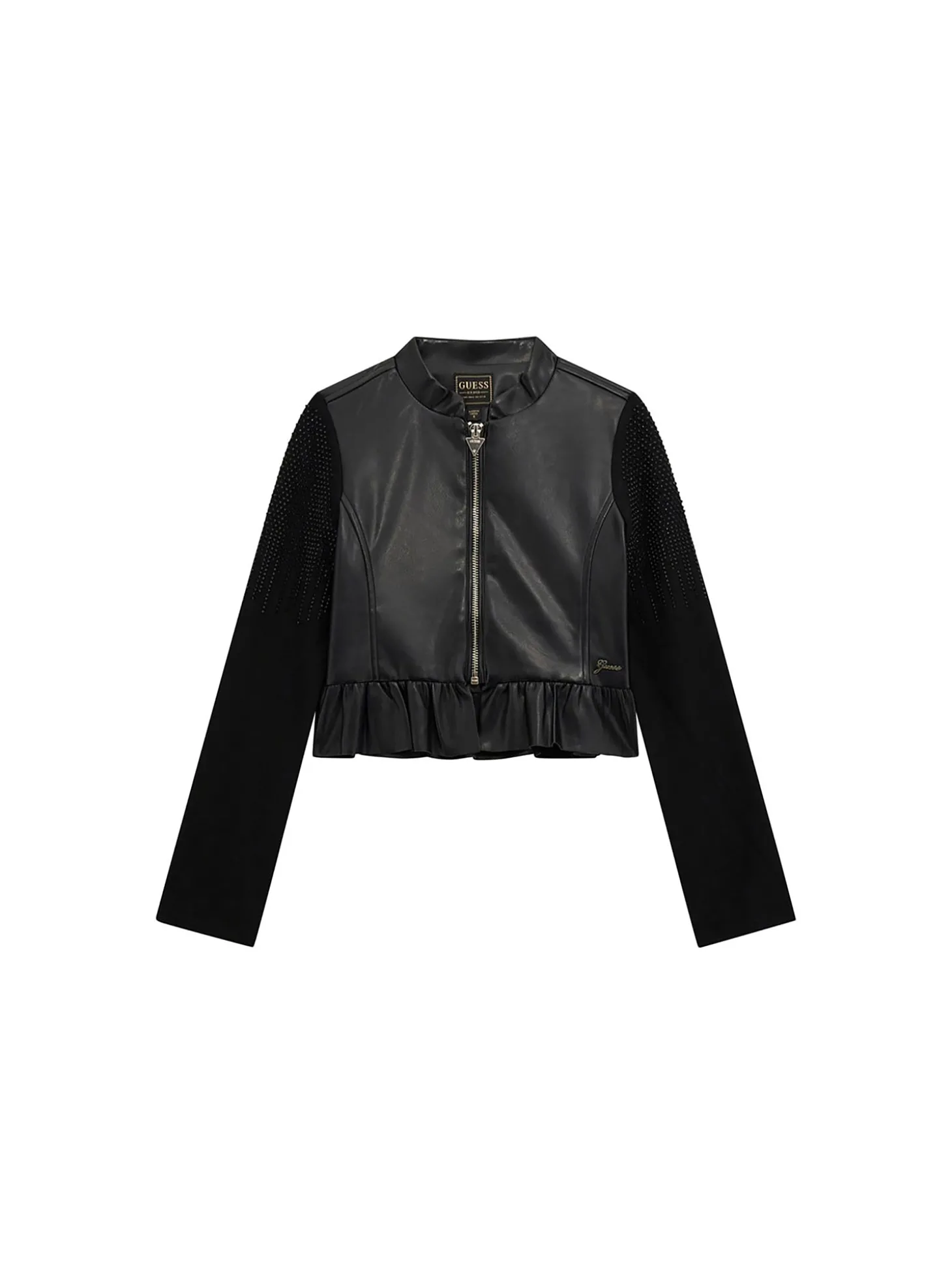 Giacca in ecopelle con rouches e strass nero