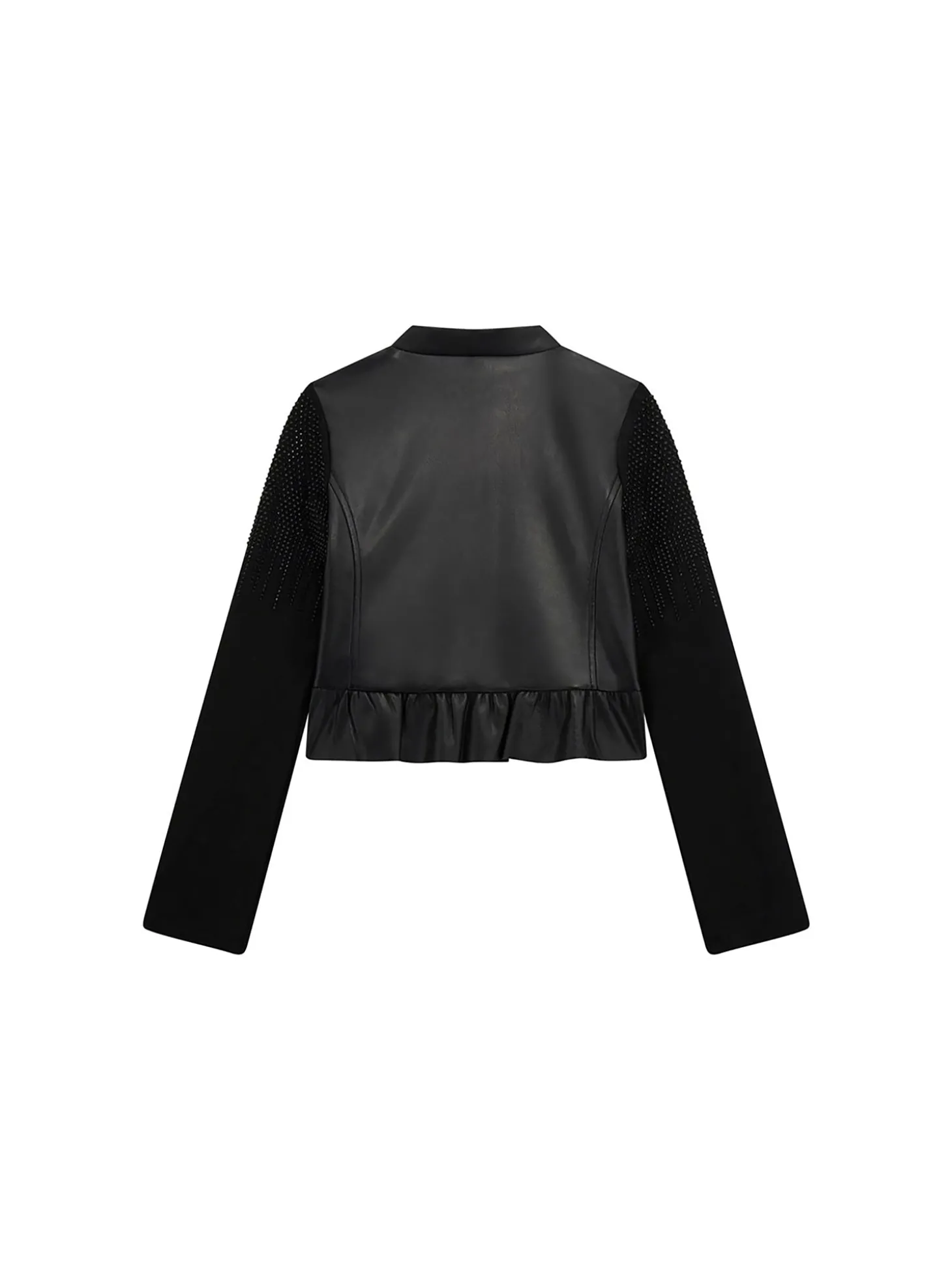 Giacca in ecopelle con rouches e strass nero
