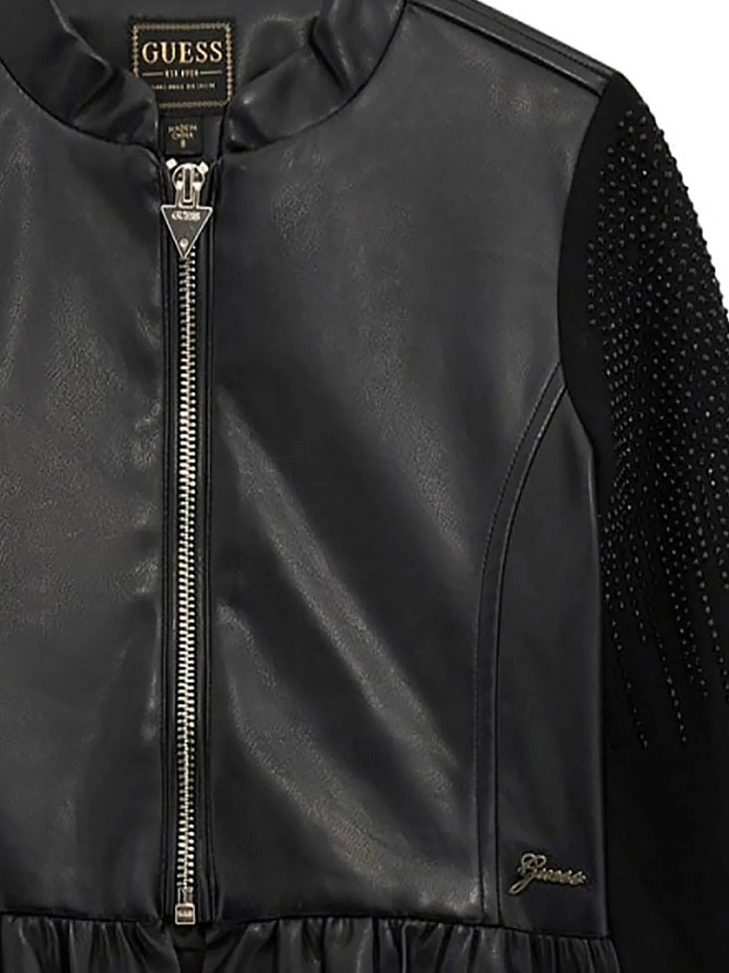 Giacca in ecopelle con rouches e strass nero