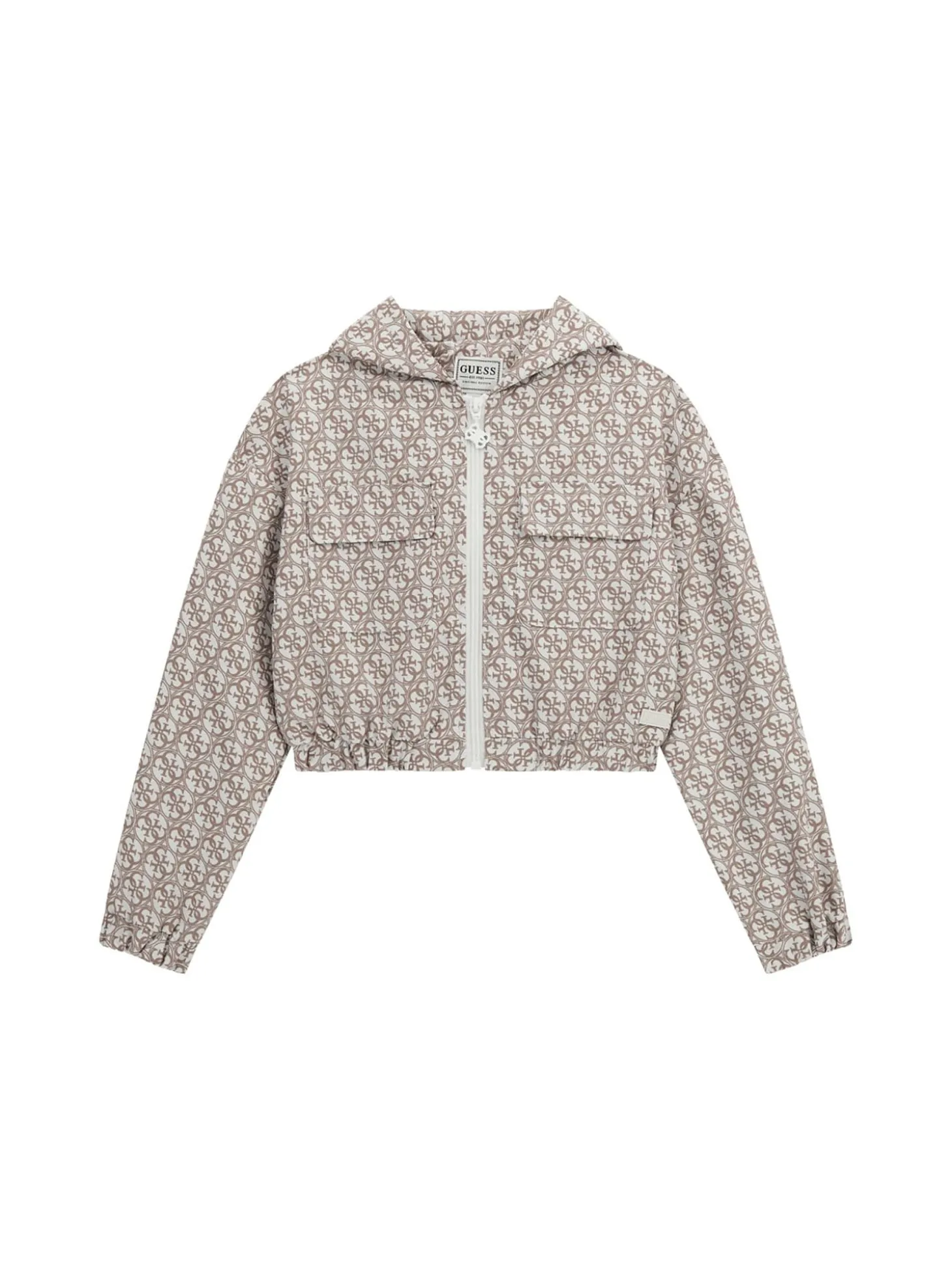 Giacca zip con capuccio logo allover beige
