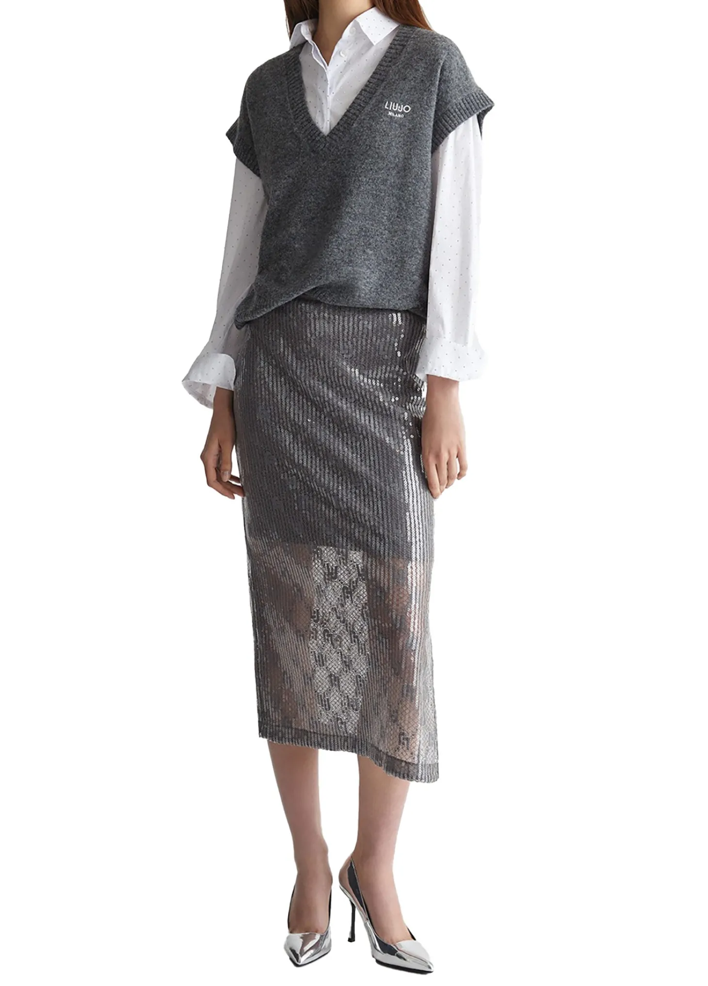 Gilet manica corta in lana con scollo a V grigio scuro