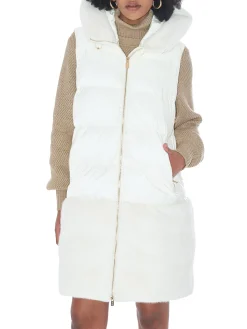 Gilet smanicato con cappuccio ed ecopelliccia bianco