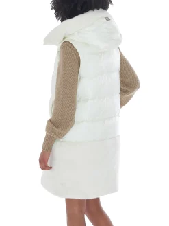 Gilet smanicato con cappuccio ed ecopelliccia bianco