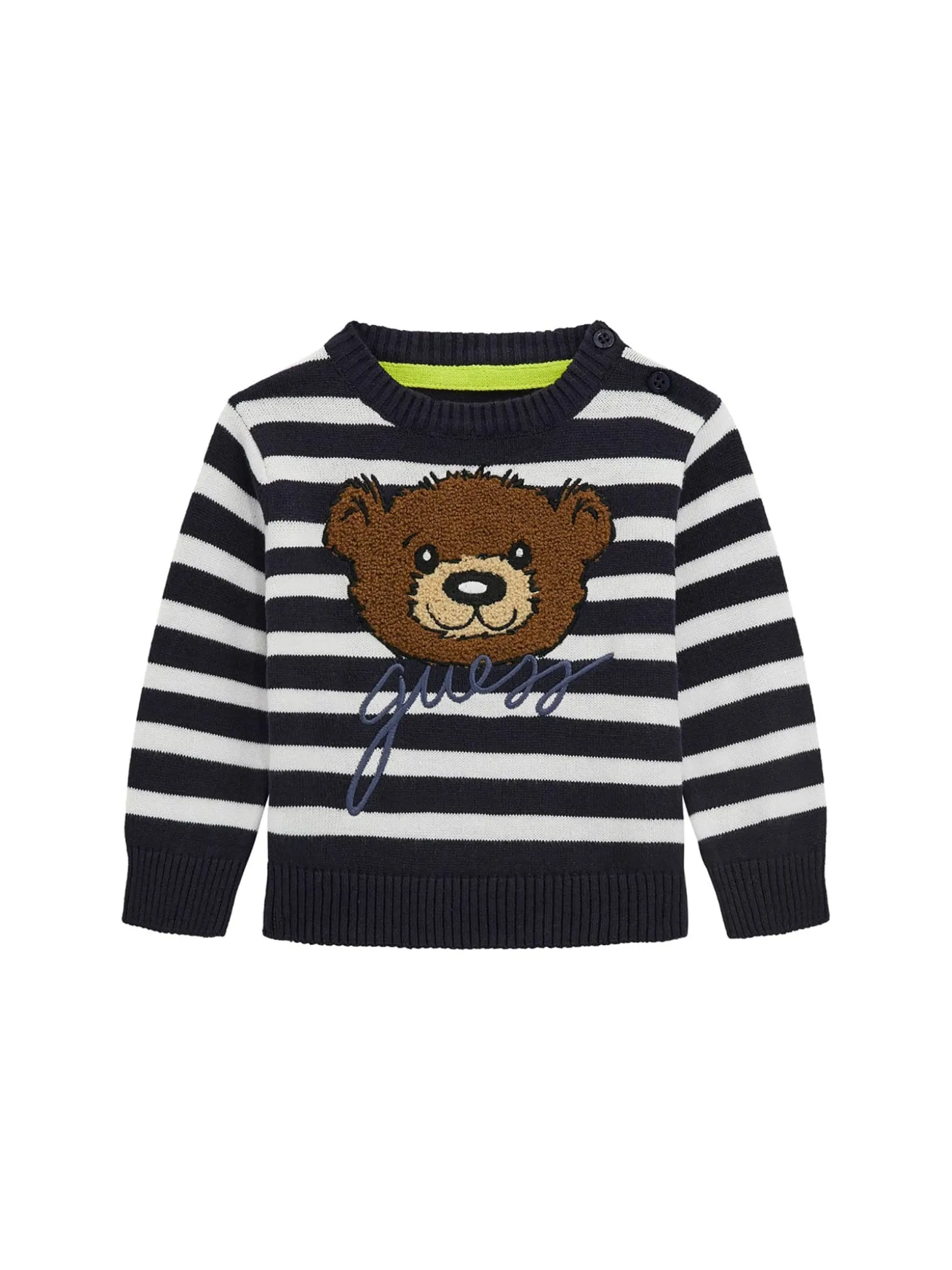 Girocollo neonato a righe con ricamo teddy blu/bianco
