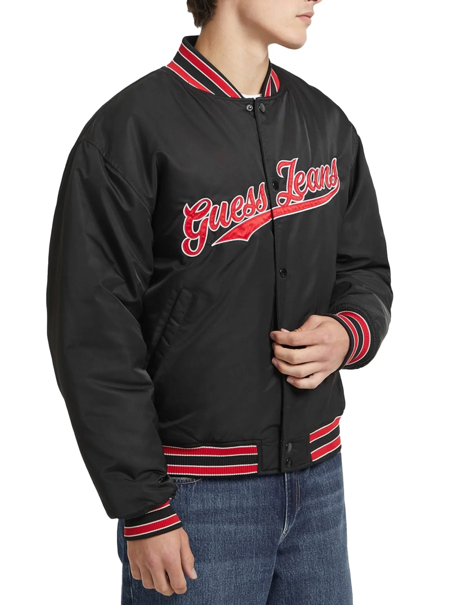 Giubbino bomber varsity con patch script nero