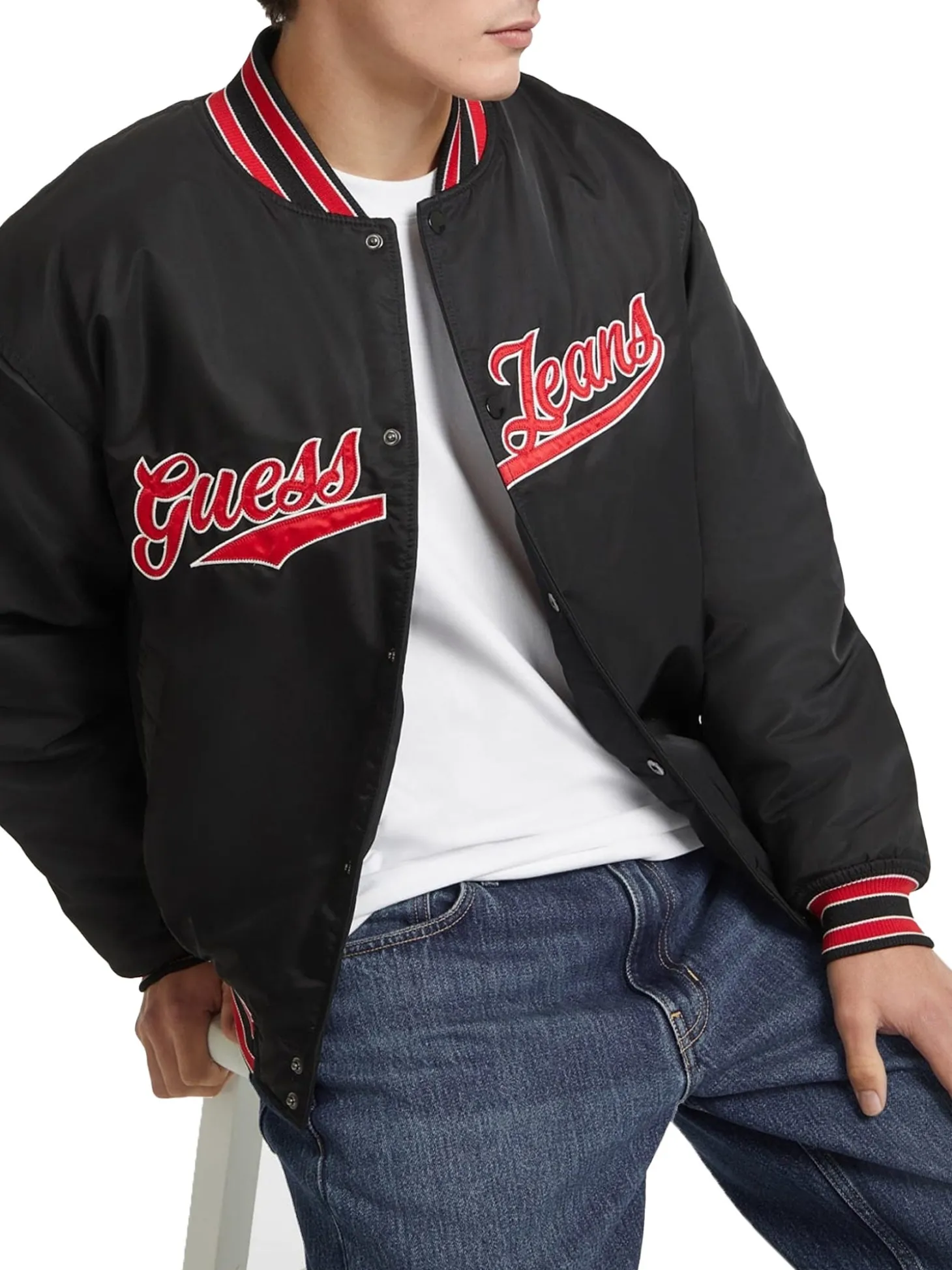 Giubbino bomber varsity con patch script nero