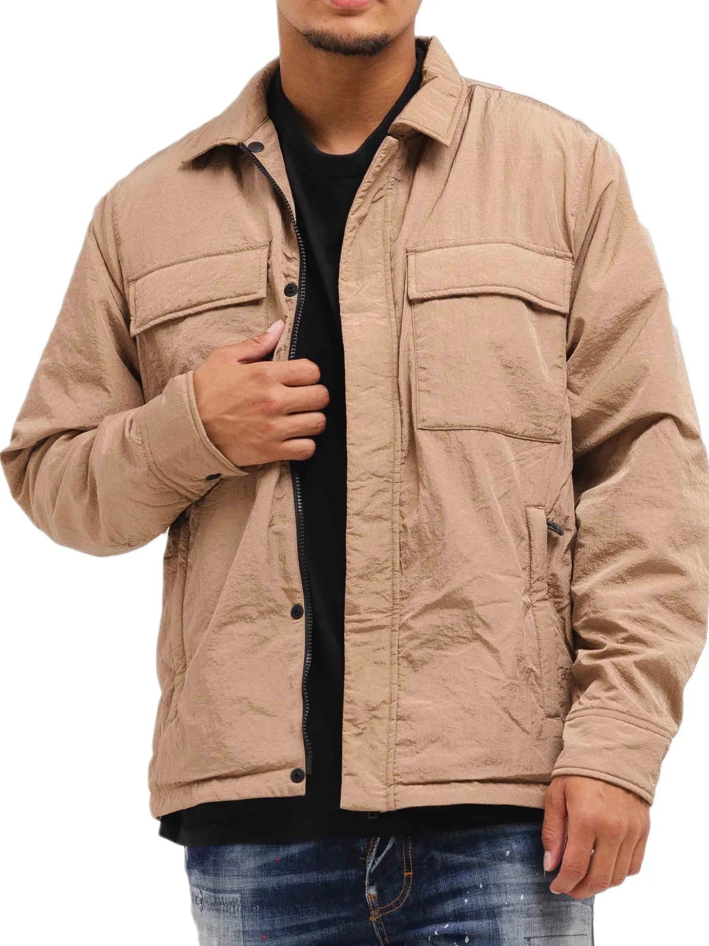 Giubbino con due tasconi e zip Crinkle beige