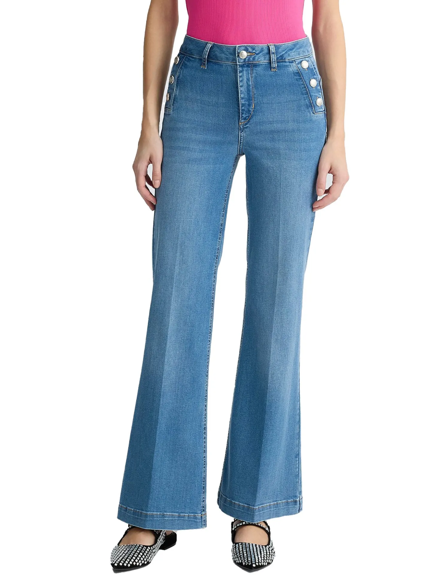 Jeans a vita alta con bottoni sulle tasche denim chiaro