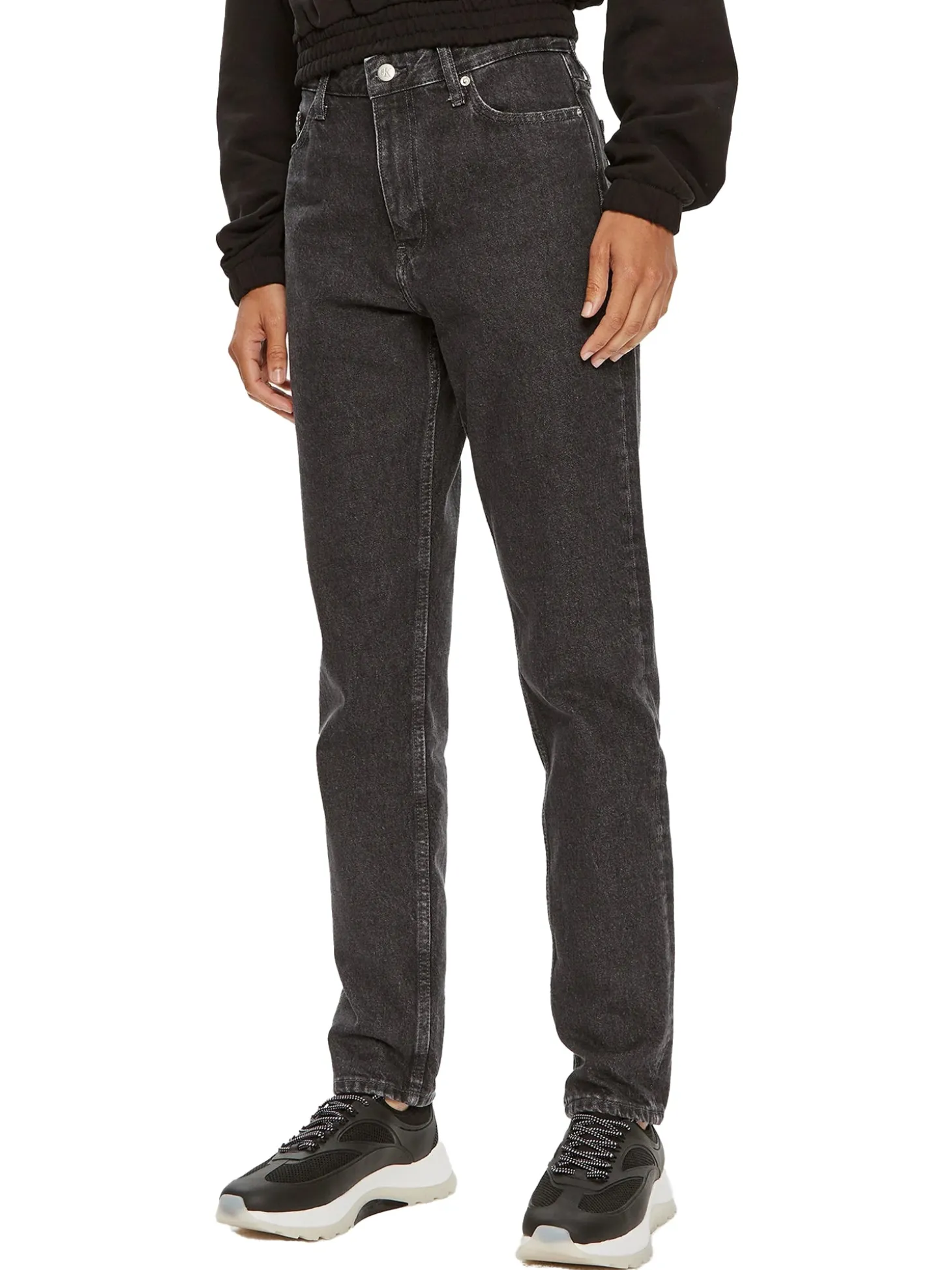 Jeans a vita alta mom fit in denim grigio