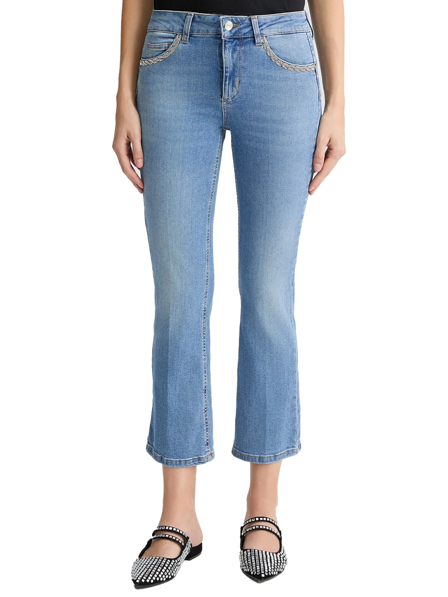 Jeans bootcut con trecce di strass sulle tasche denim chiaro