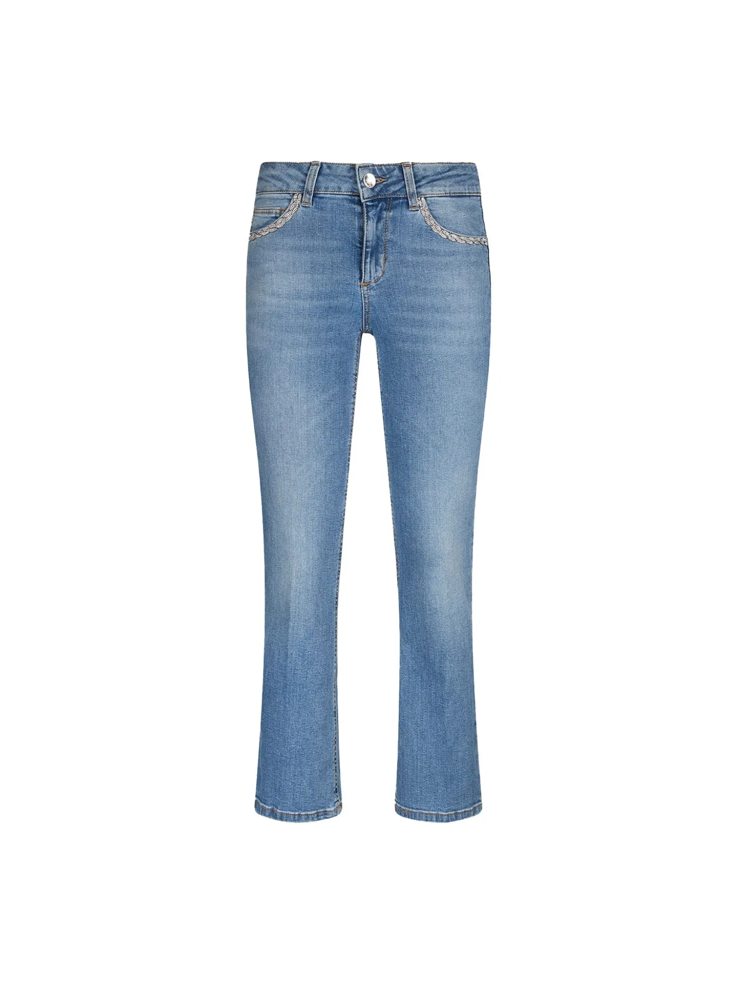 Jeans bootcut con trecce di strass sulle tasche denim chiaro