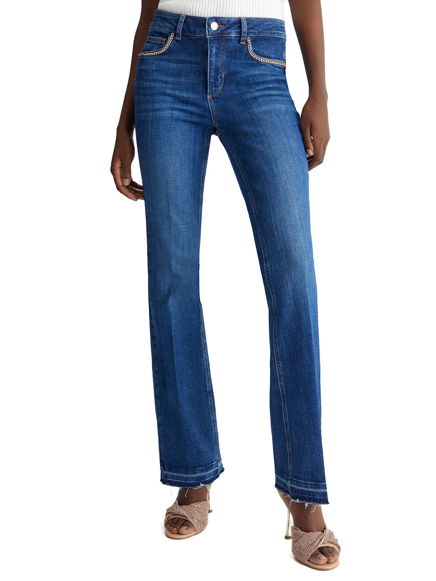Jeans Bottom up a vita alta con catene - denim scuro