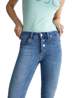 Jeans Bottom Up cropped con bottoni gioiello - Denim medio