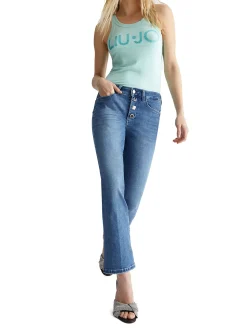 Jeans Bottom Up cropped con bottoni gioiello - Denim medio