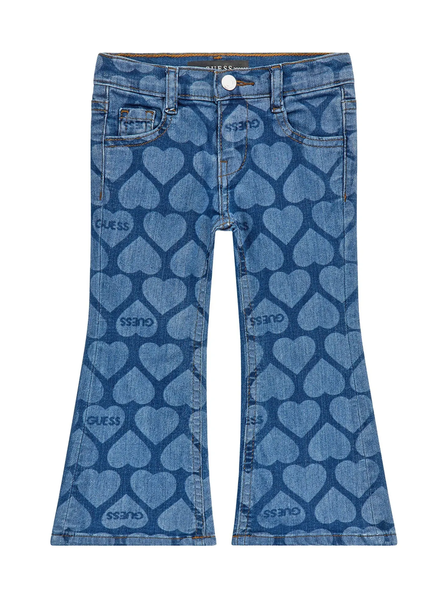 Jeans flare con cuori all over denim medio