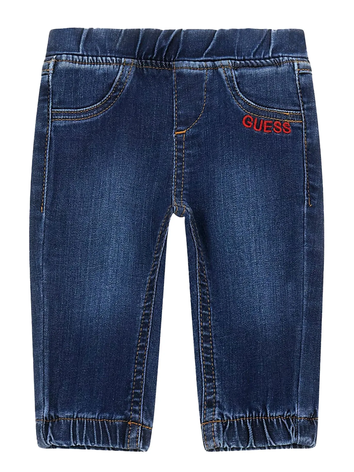 Jeans pull on con orsetto sul retro denim scuro