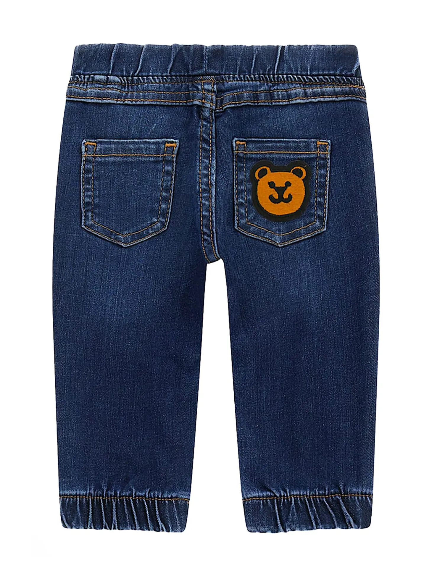Jeans pull on con orsetto sul retro denim scuro