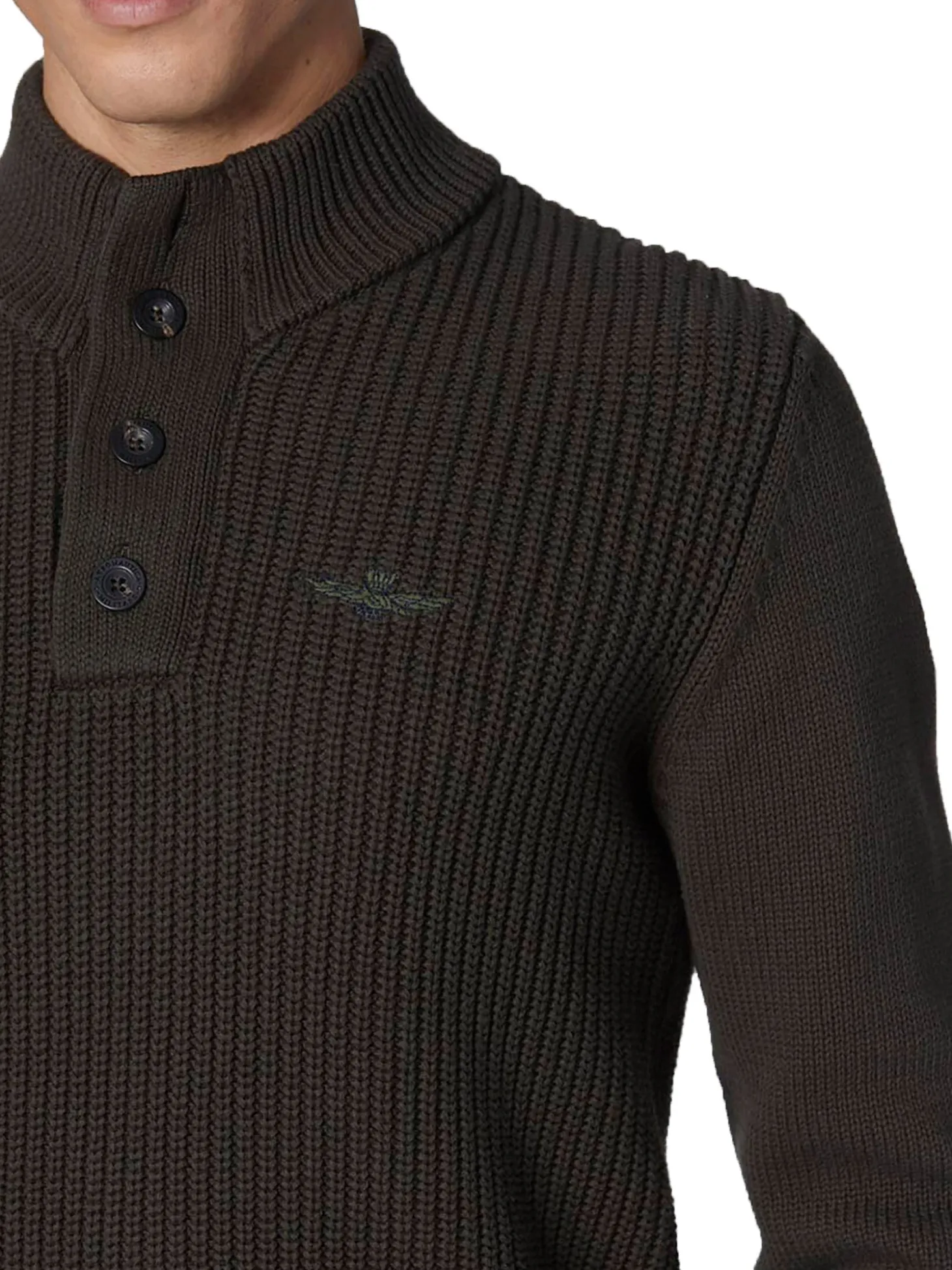 Maglia collo alto con bottoni e ricamo aquila turrita verde scuro