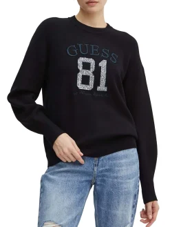 Maglia girocollo con logo frontale in paillettes nero