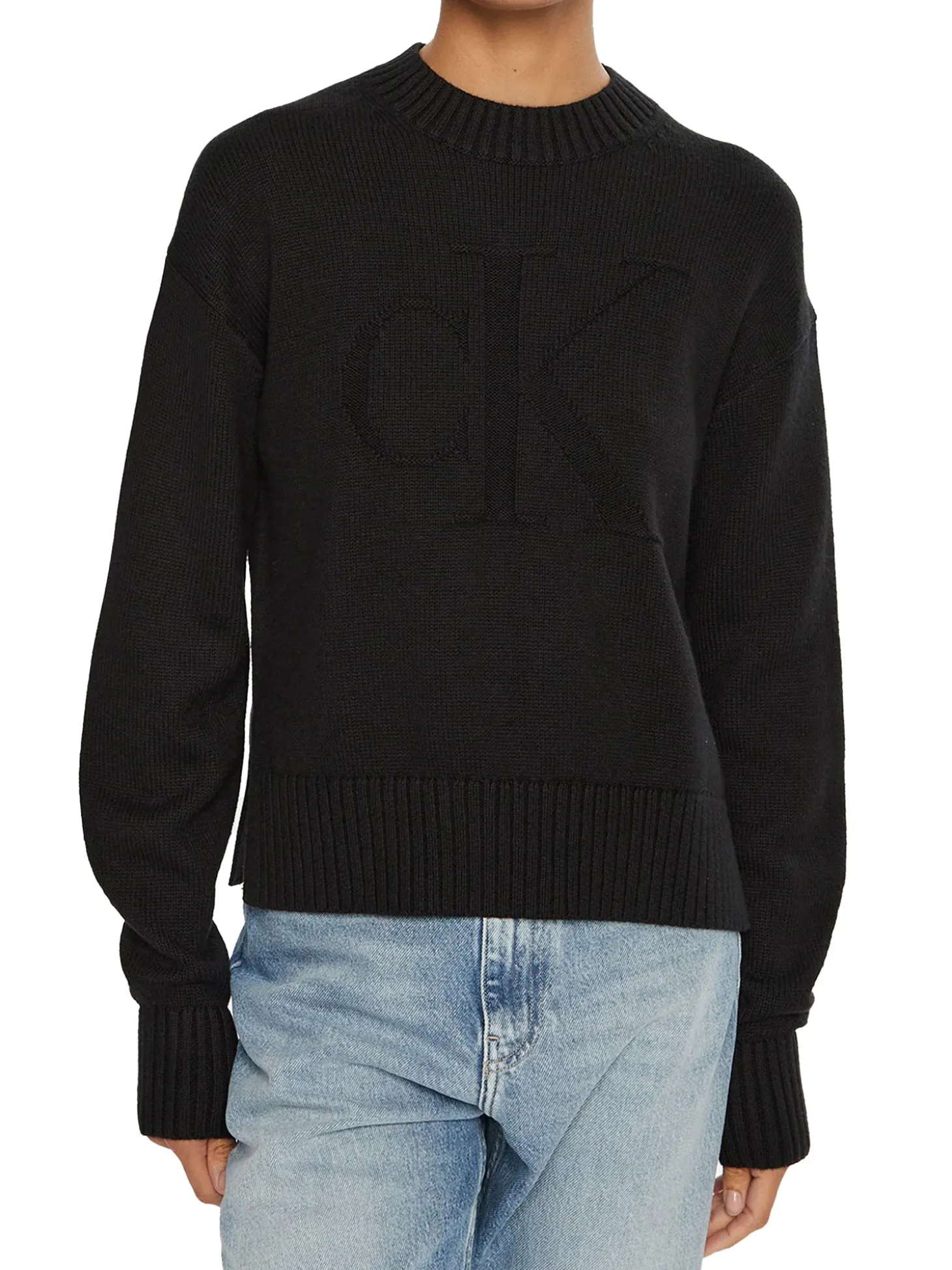 Maglione a coste con logo intarsiato sul petto nero