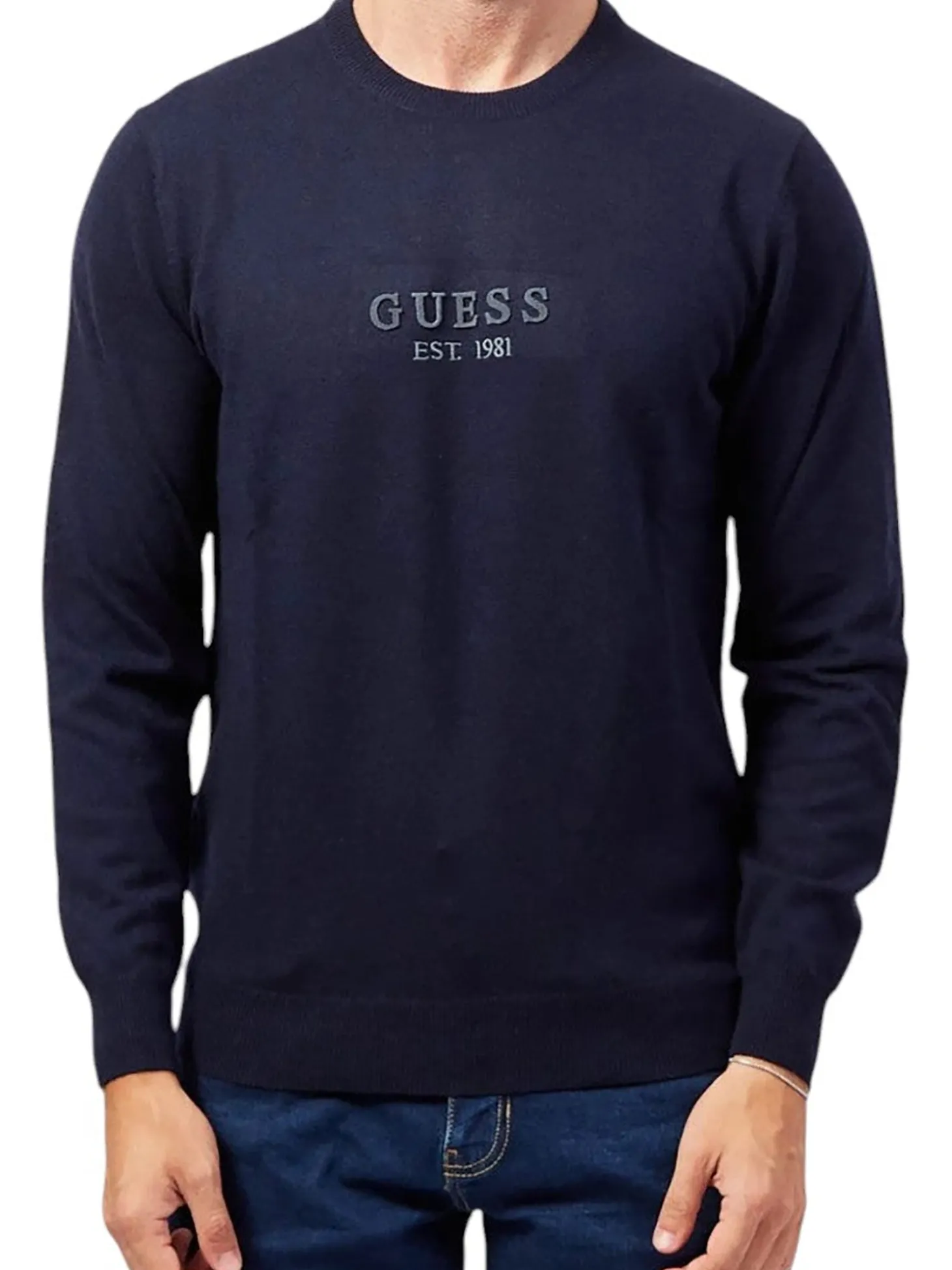 Maglione a girocollo con logo frontale blu