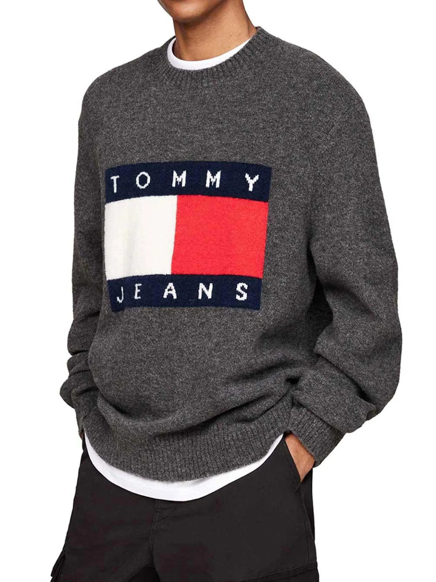 Maglione a girocollo con maxi flag sul petto grigio scuro