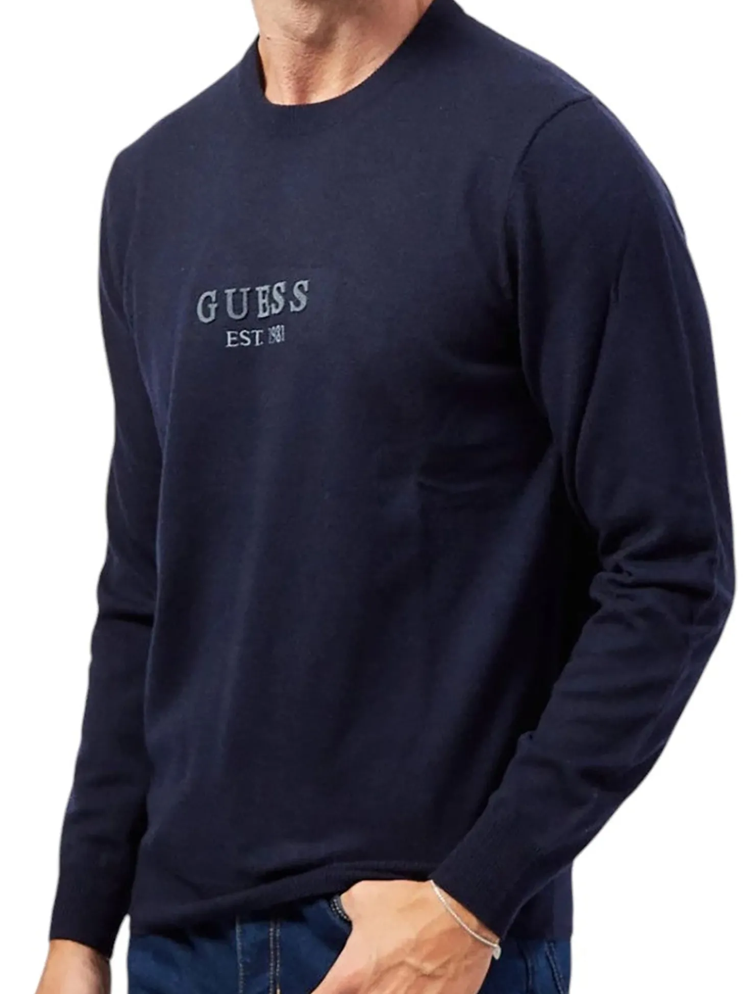 Maglione a girocollo con logo frontale blu