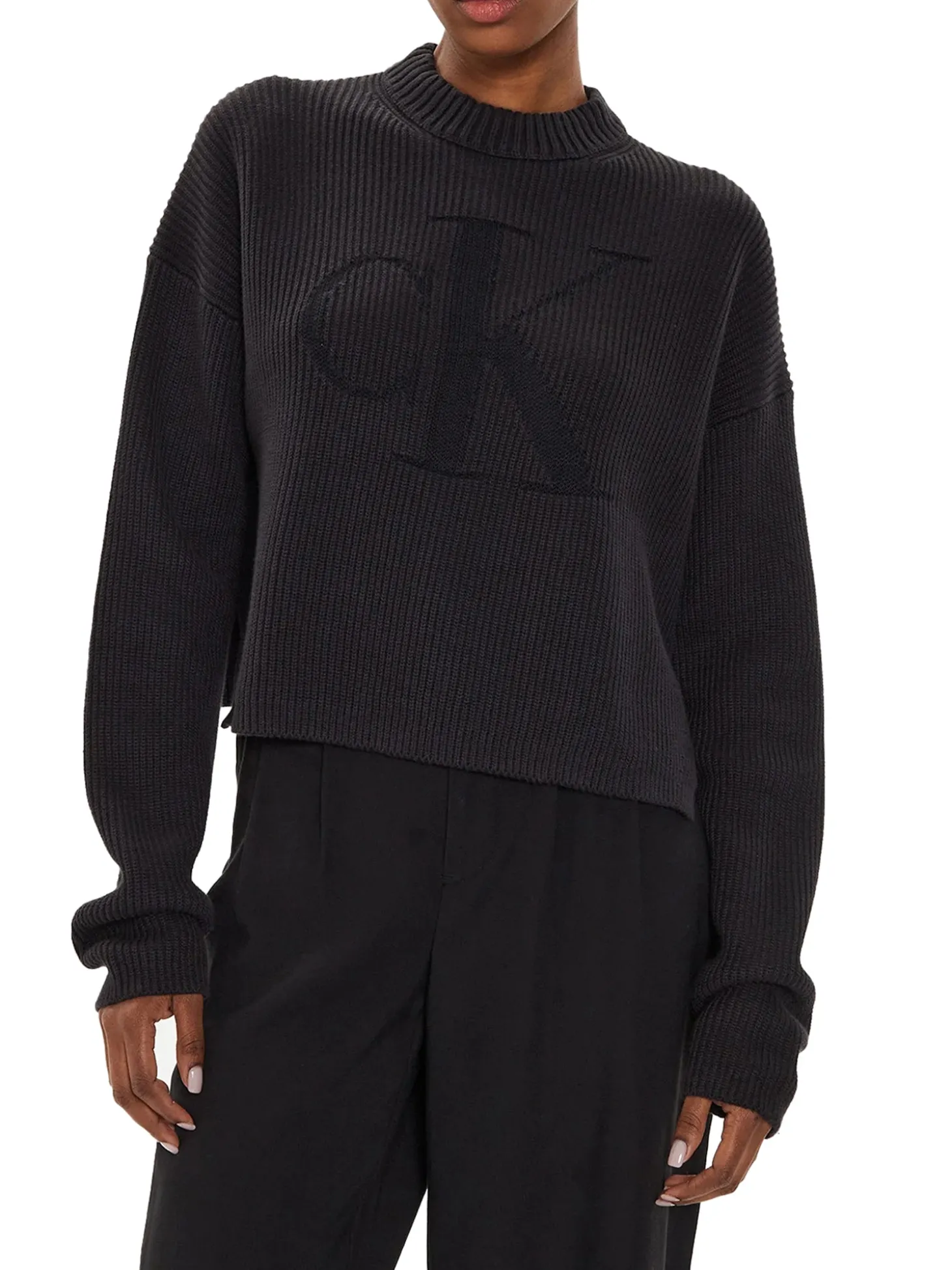 Maglione a girocollo in maglia a coste nero
