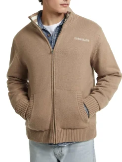 Maglione con zip e logo in misto lana beige