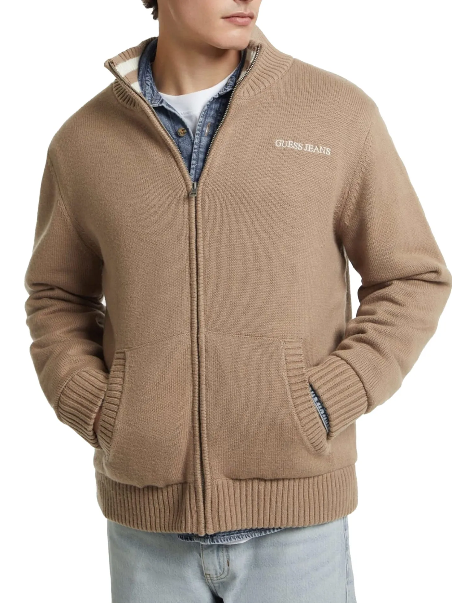 Maglione con zip e logo in misto lana beige