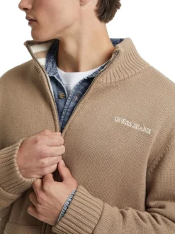 Maglione con zip e logo in misto lana beige