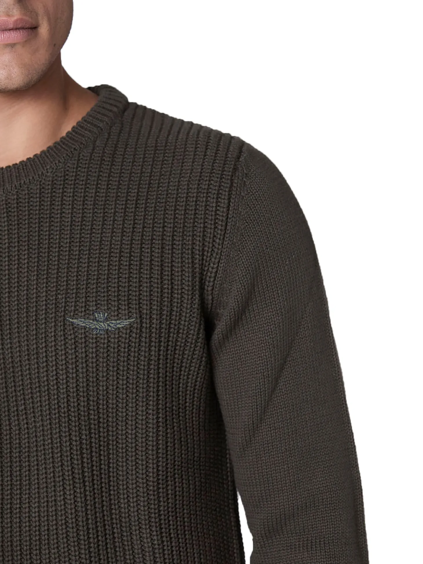 Maglione girocollo doppia texture e logo aquila turrita verde scuro