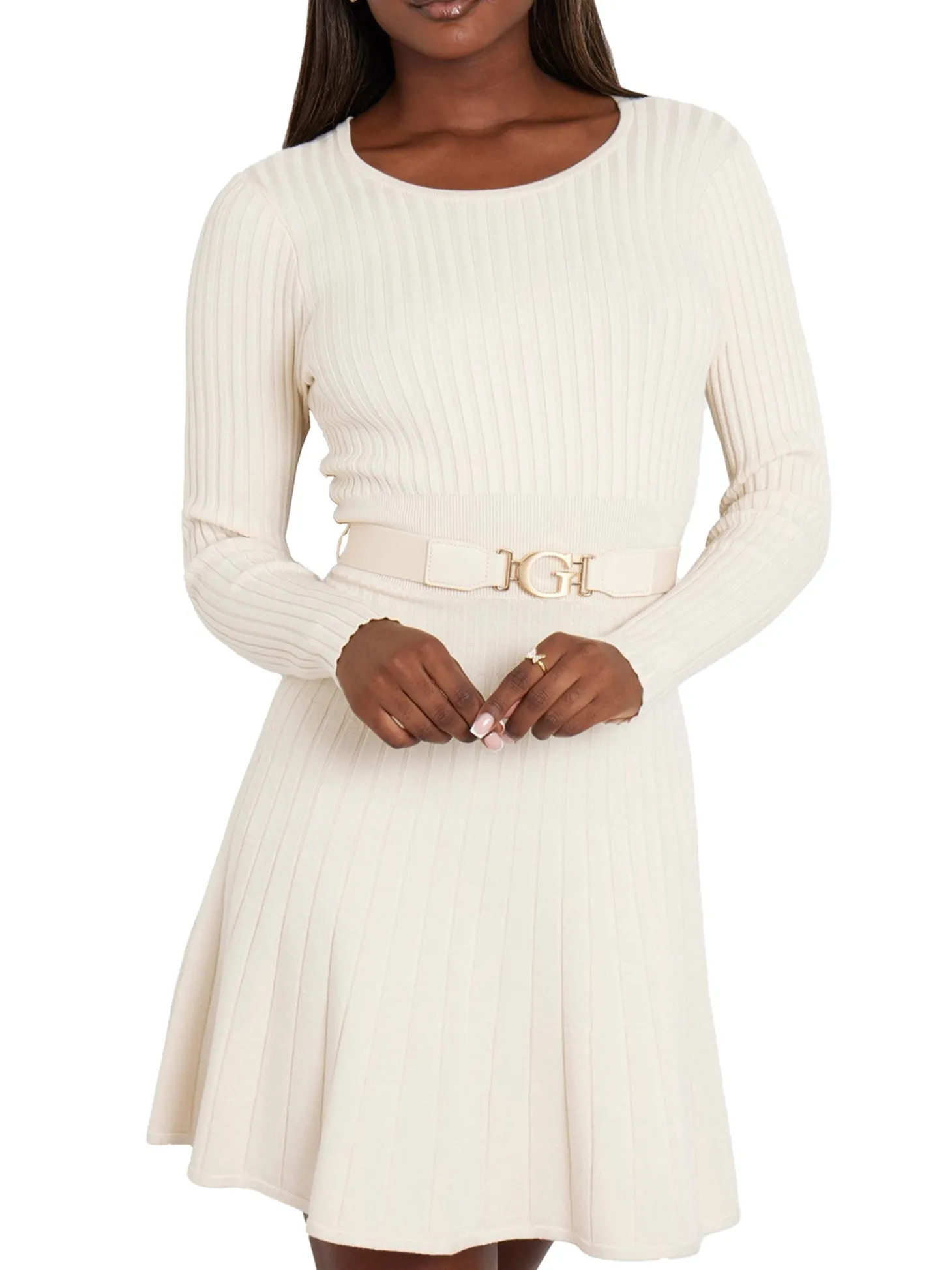 Mini abito fit and flare in maglia con cintura crema