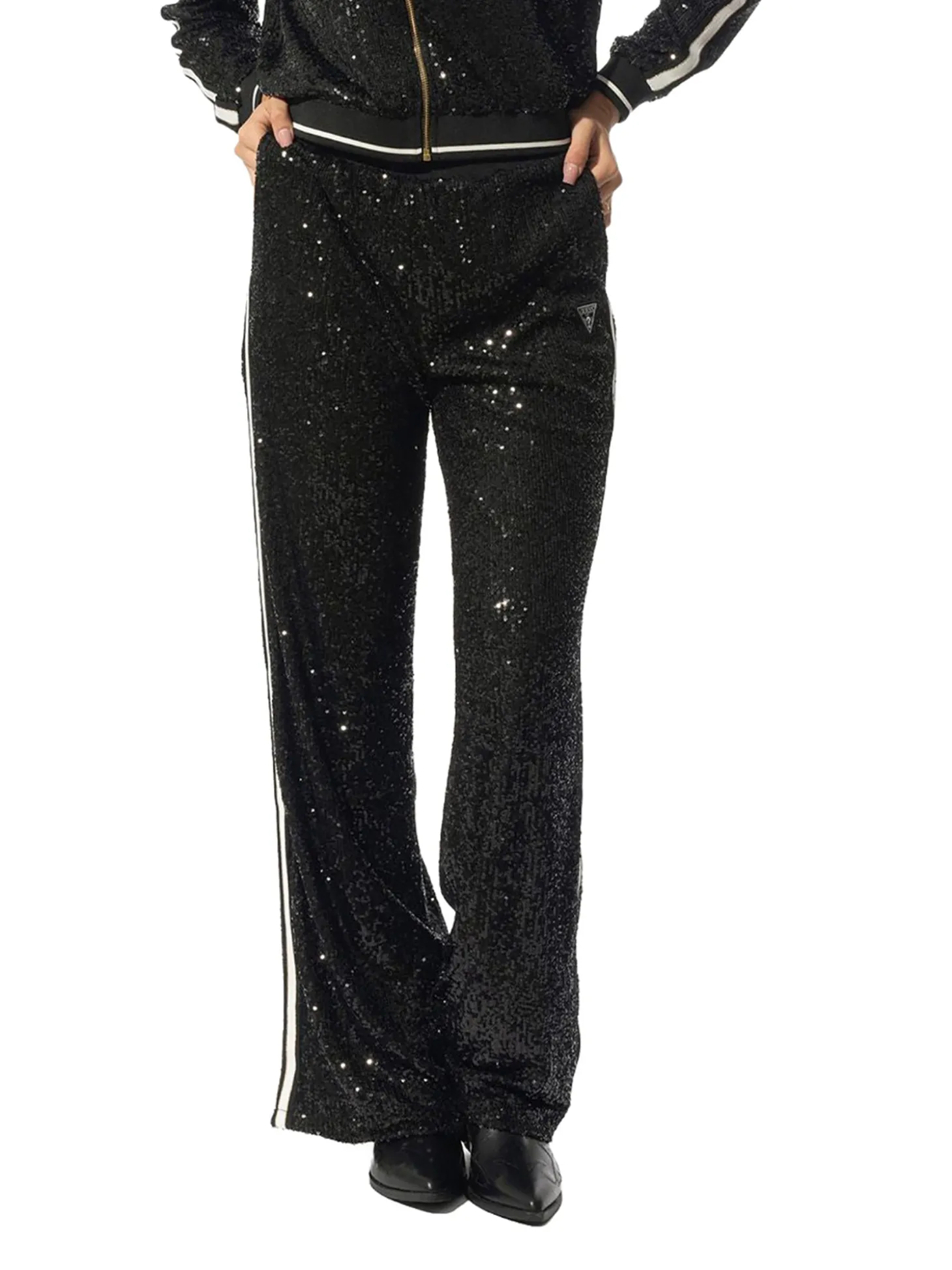 Pantalone stile jogger con paillettes e fascia a contrasto nero