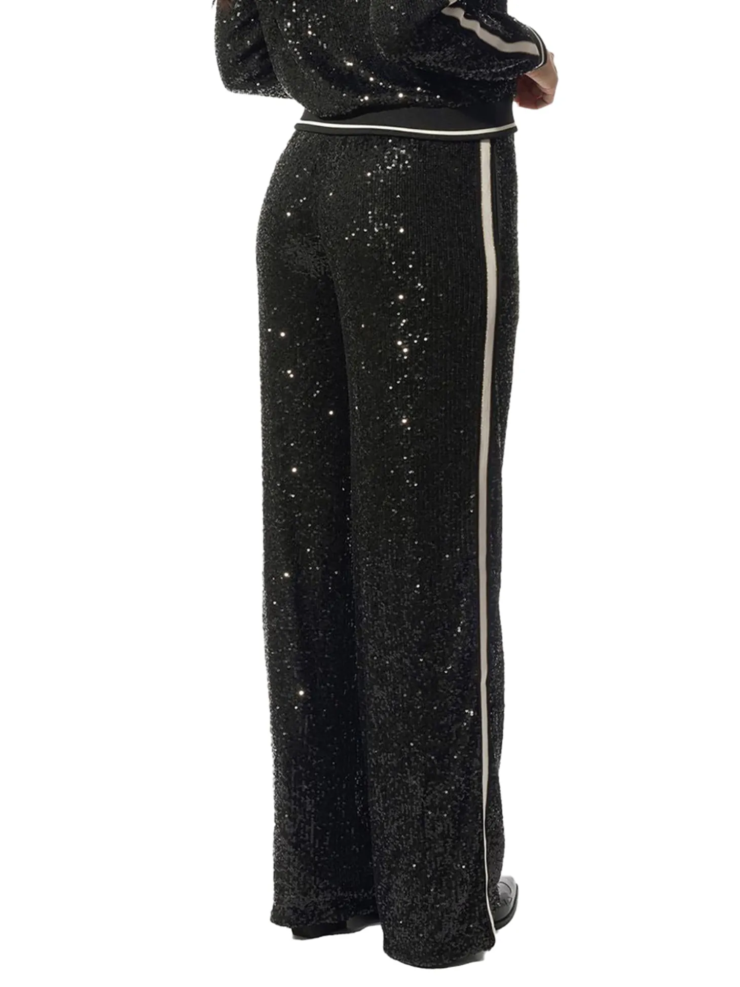Pantalone stile jogger con paillettes e fascia a contrasto nero