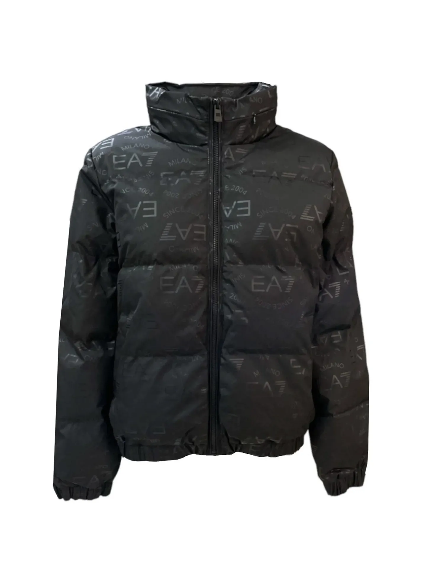 Piumino con zip all over logo nero