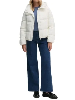 Piumino con zip e cappuccio short logo avorio