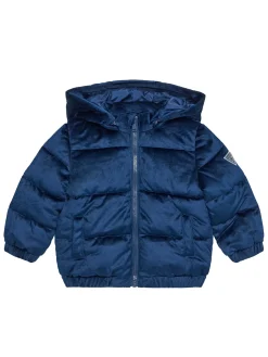 Piumino in velluto imbottito con cappuccio blu