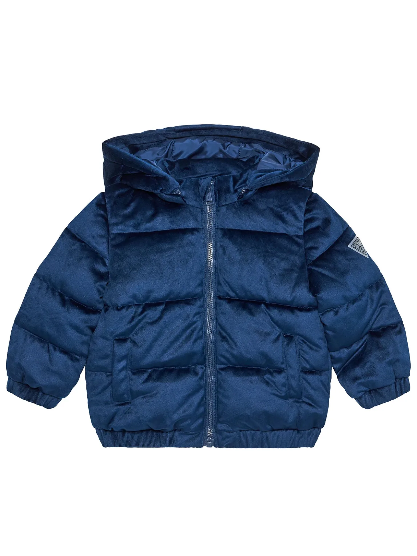 Piumino in velluto imbottito con cappuccio blu
